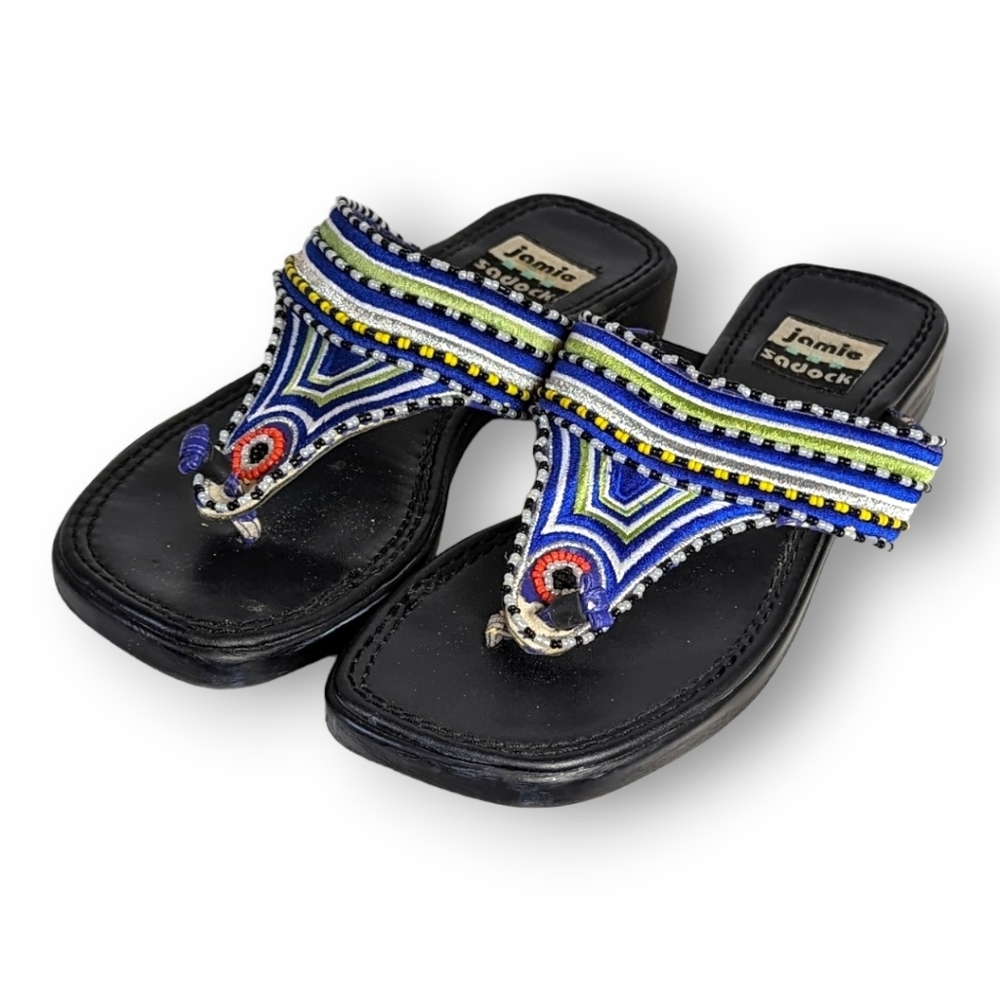 Jamie Sadock Leather Beaded African Boho Square Tie Thong Sandals: Women's 6